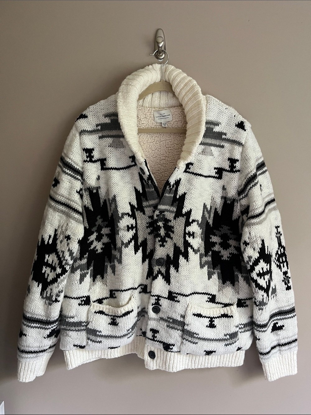 Lucky Brand Southwestern Hi-Pile Lined Shawl Cardigan White/Black size XXL